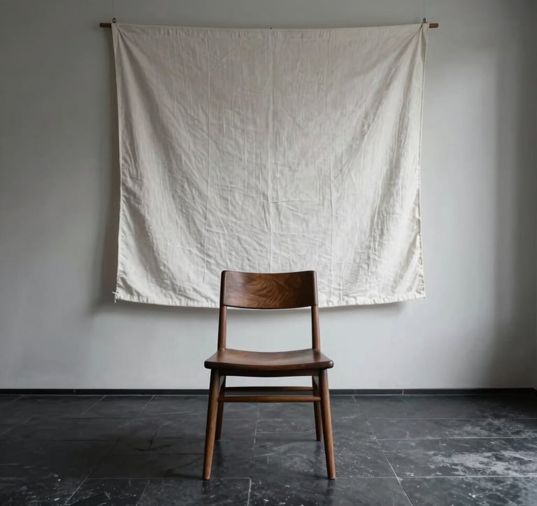 An editorial interior shot of a meditation room. A single low-profile dark wood chair sits on a black stone floor. A thin beam of soft natural light highlights the texture of a white linen wall hanging. Minimalist and architectural. North American / International.