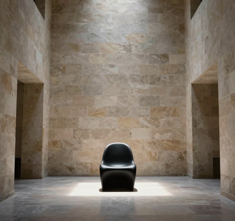 An interior shot of a minimal, high-ceilinged stone hall. A single shaft of light illuminates a matte black sculptural chair. The composition is centered and symmetrical, exuding a sense of calm and architectural grandeur. North American / International.