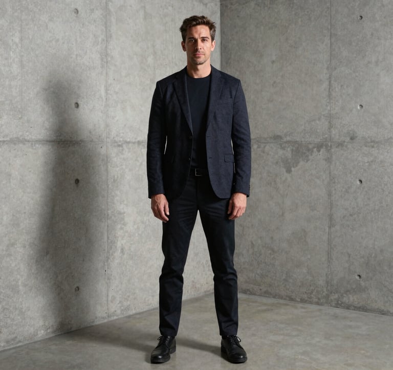 Editorial portrait of a professional architect in dark, minimalist attire, standing in a concrete-walled studio with soft directional lighting. Clean lines and architectural depth. North American / International feel.