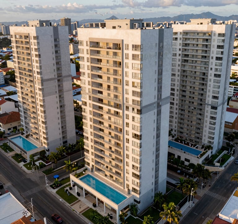 Aerial view of a luxury residential condominium in Cotia, Brazil, showing high-end houses with swimming pools and modern landscaping. Light grey and white tones dominate the architecture. Soft afternoon sun.