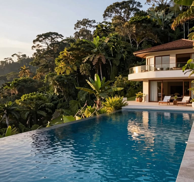 A breathtaking infinity pool at a luxury estate in Vargem Grande Paulista, surrounded by lush green Atlantic Forest. Clear blue water reflecting the morning sun. High-end Brazilian country living.