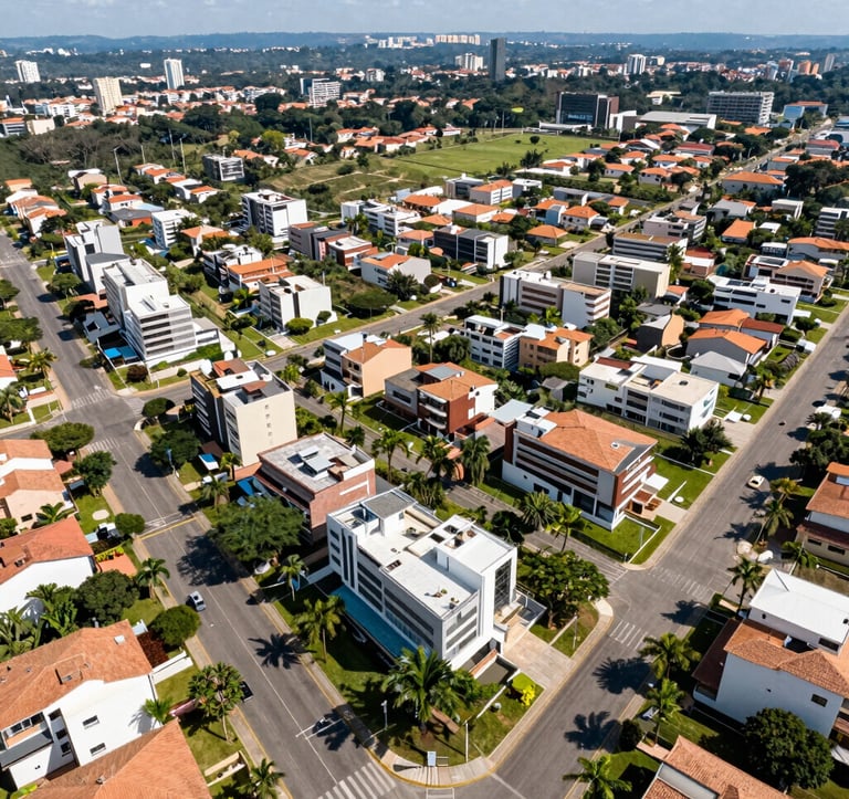 An aerial photography of a high-end gated community in Barueri, showcasing luxury residences with modern architecture, wide paved streets, and abundant green areas typical of the Brazilian South American premium suburban landscape, bright daylight lighting.