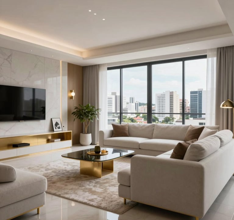 Modern interior of a luxury apartment in Barueri, showcasing a minimalist living room with white and light grey furniture, gold metallic accents, and large windows overlooking the city skyline. South American / Brazilian interior design style.