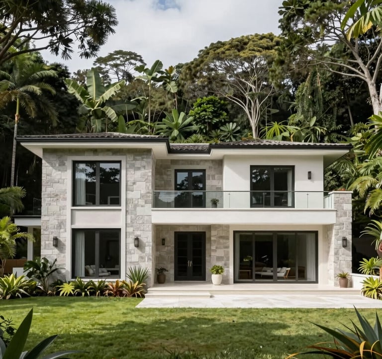 Professional architectural photography of an exclusive residence in Granja Viana, surrounded by lush green South American vegetation. The home features elegant light grey stone and white finishes. Bright, natural daylight.