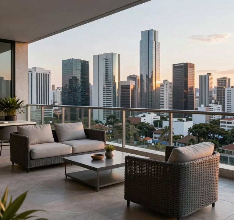 A luxurious penthouse balcony overlooking the Barueri skyline, Brazil. Contemporary outdoor furniture in charcoal grey and light grey. Sophisticated, high-end atmosphere at golden hour.