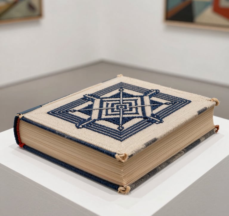 A close-up shot of an art object made from a transformed book, displayed on a clean white plinth in a bright North American art space. The embroidery is geometric and precise, using soft sand and deep navy threads.