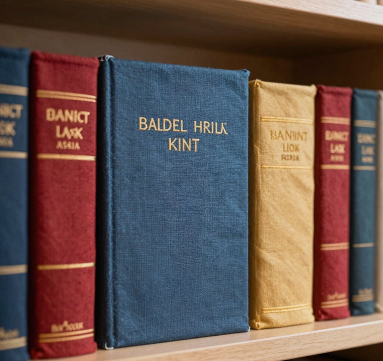 Close-up shot of a library of embroidered books arranged by color on a soft-sand colored wooden shelf. The lighting is editorial and soft, highlighting the subtle differences in texture between the book covers and the embroidery.