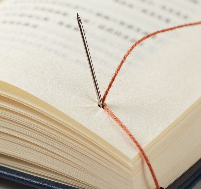 Macro photography detail showing a needle and terracotta thread piercing a thick, creamy book page. The focus is sharp on the texture of the paper and the tension of the thread. Clean, high-end editorial style.