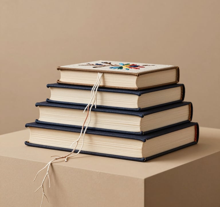 An artistic composition of three embroidered books of varying sizes, stacked vertically on a warm beige plinth. The threads trail off the pages like delicate roots. The style is that of a luxury interior design catalogue, clean and sophisticated.