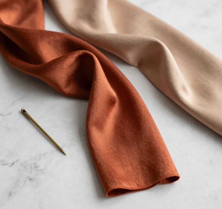 An editorial still life featuring high-quality silk threads in terracotta and warm beige, draped elegantly over a minimalist marble surface. A vintage brass needle sits nearby. The style is sophisticated and clean. North American / US luxury design context.
