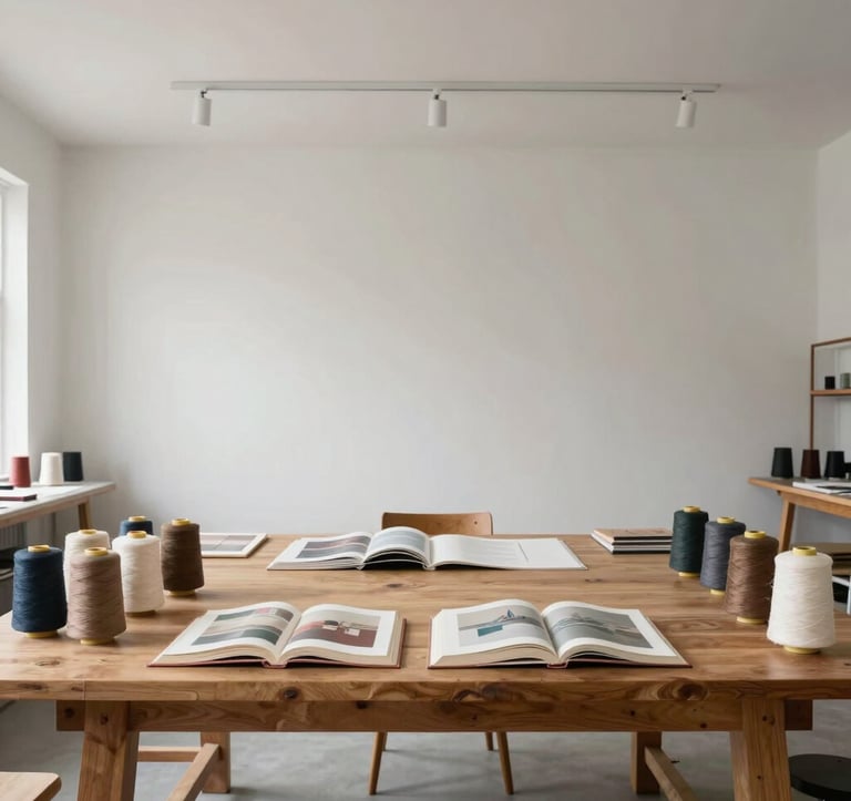 Wide shot of a minimalist, light-filled art studio in North America with high ceilings. A long wooden workbench holds spools of thread in muted tones and several open books undergoing artistic transformation.