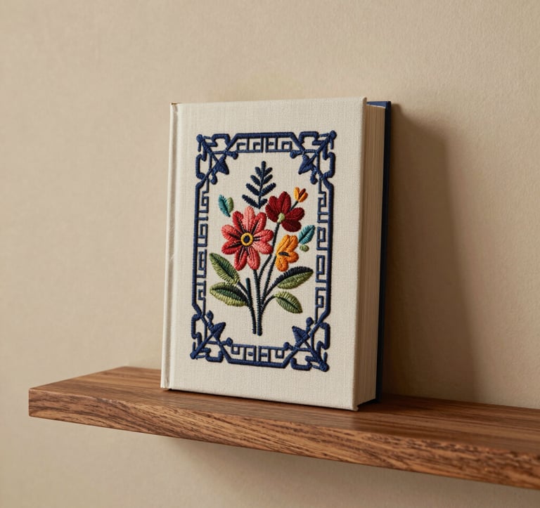 A refined architectural shot of an embroidered book displayed as a sculpture on a floating wooden shelf. The background is a clean, warm beige wall in a contemporary North American / US home. The lighting is soft and ambient, emphasizing the editorial sophistication of the piece.