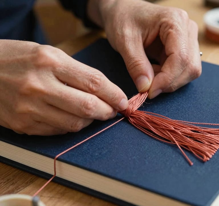 A close-up photograph of artisan hands performing manual embroidery on a book's spine. The thread is a soft terracotta color against a deep navy blue cover. The lighting is focused and warm, highlighting the texture of the silk thread and the paper. North American / US artisan studio.