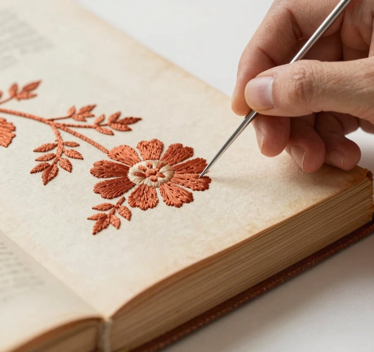 Detailed photography of a hand using a thin silver needle to embroider a terracotta floral pattern onto the spine of a cream-colored antique book. The focus is sharp on the texture of the thread and the weathered paper, in a clean, sunlit North American art studio.