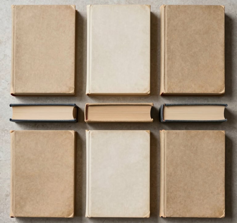 A top-down view of a collection of vintage hardcover books in neutral tones — sand, off-white, and warm beige — arranged on a minimalist stone surface. The lighting is soft and even, highlighting the aged texture of the book covers. North American / US studio setting.