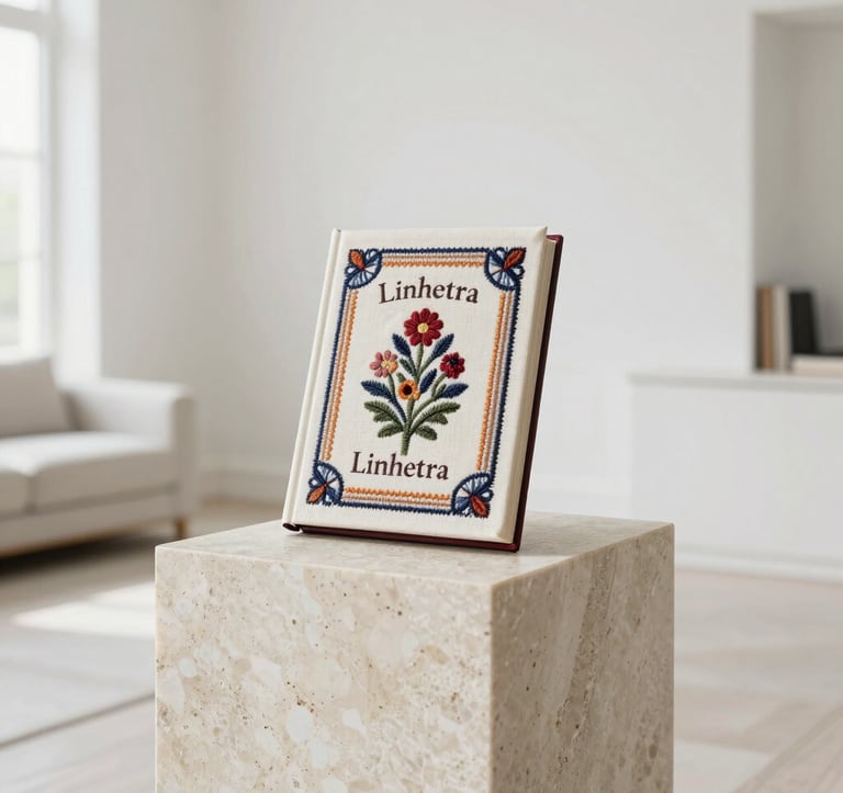 An editorial interior design shot featuring a single Linhetra embroidered book displayed on a minimalist travertine pedestal in a high-end, bright North American living space. The composition is clean with plenty of white space.
