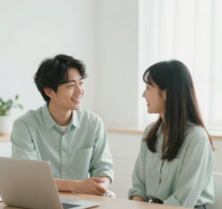 Two people engaged in a warm, encouraging face-to-face conversation in a brightly lit, modern room. The scene is soft-focused and excludes digital devices, emphasizing human connection. Color palette features soft greens (#8DAF9E) and whites (#F7FCFA).
