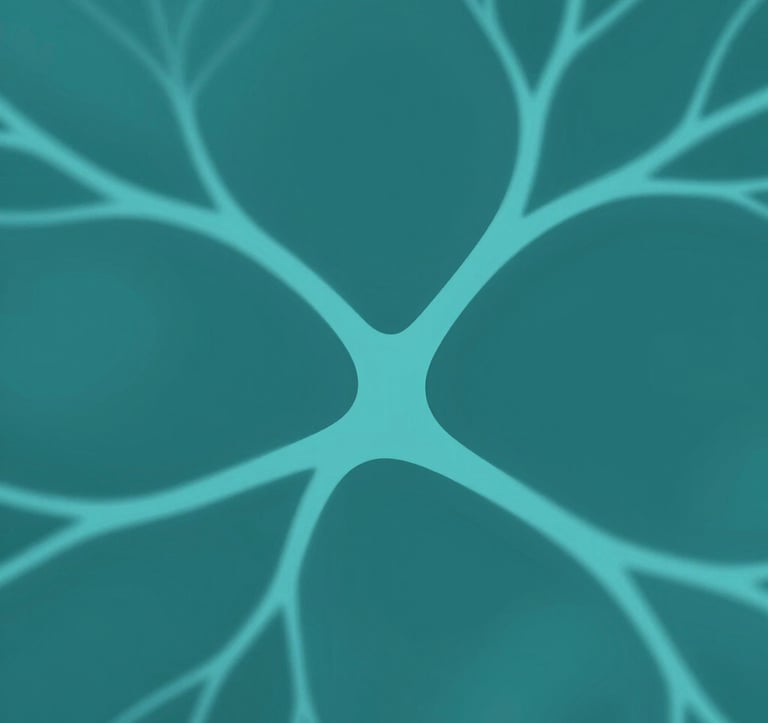 A modern, minimalist abstract illustration of neural pathways that look like soft, flowing water or branches. Use deep teal #1B3230 and teal blue #2E7D8C. The image should look like art rather than a medical diagram, very calming.