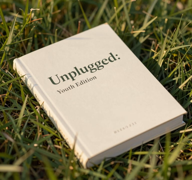 A close-up of a high-quality physical devotional book titled 'Unplugged: Youth Edition' resting on green grass. The sunlight is warm and soft #F4A261, highlighting the clean, modern typography of the cover. A sense of hope and spiritual growth.