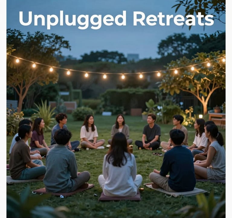 A peaceful gathering of a small group of people sitting in a circle in a garden at dusk. Soft warm string lights above. They are engaged in meaningful conversation, symbolizing the upcoming Unplugged Retreats. Colors include #1B3230 and #2E7D8C.