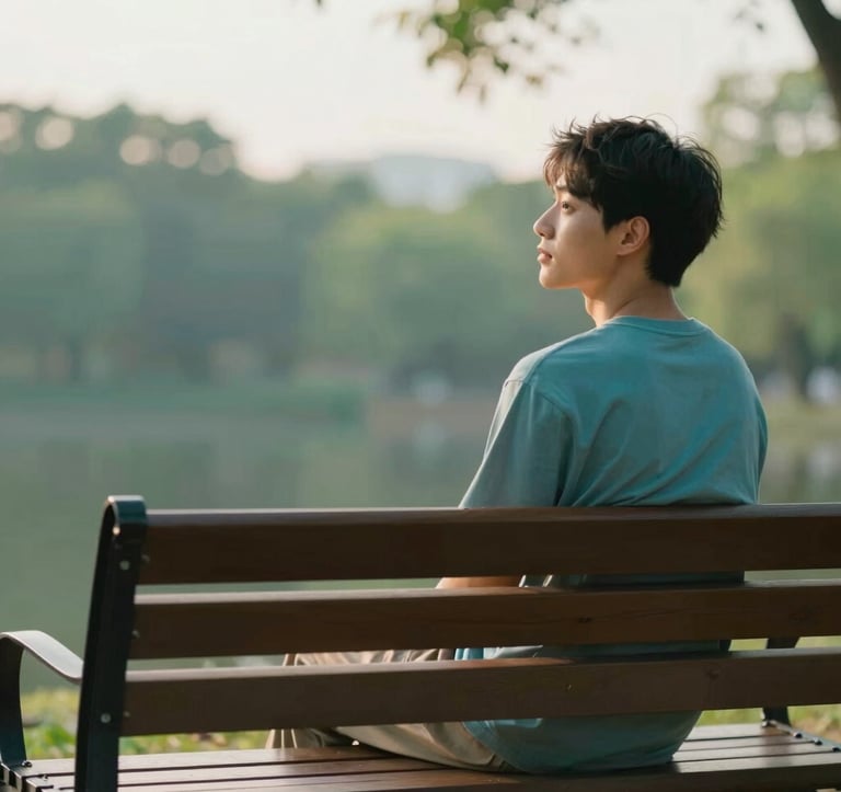 A young adult sitting peacefully on a wooden bench outdoors in a park, looking thoughtfully at the horizon. Warm golden-hour lighting. The scene is calm and hopeful, with soft green (#8DAF9E) and teal (#2E7D8C) tones in the background scenery.
