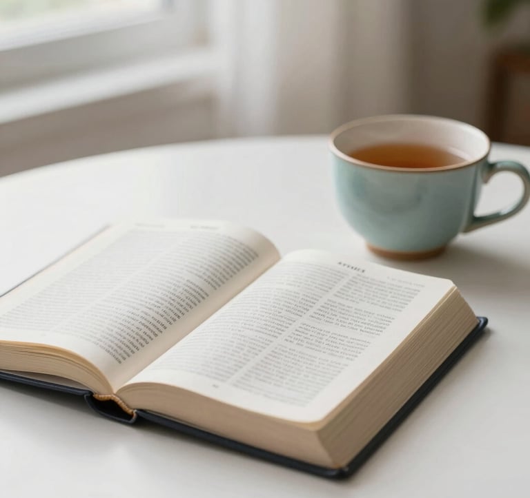 A minimalist, high-key close-up of an open Bible next to a ceramic cup of tea on a clean white table. Soft natural window light creates a warm and spiritual atmosphere. Subtle teal blue accents (#2E7D8C) in the mug's glaze. Clean and modern.