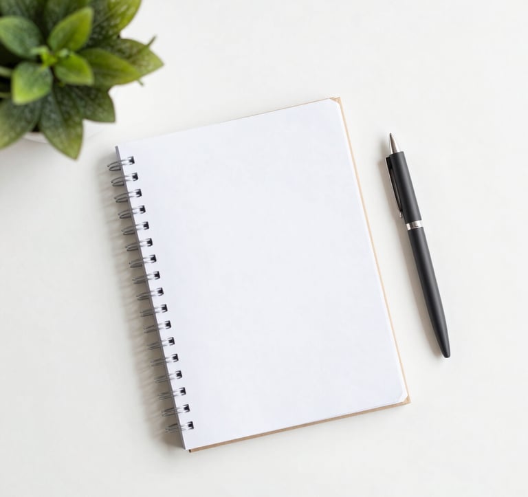 A clean, modern flat-lay photography composition featuring a physical journal, a pen, and a small green plant. Bright, airy lighting with plenty of white space. No digital technology in the frame. Peaceful and inviting tone with soft natural colors.