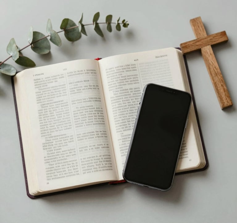 A high-quality top-down shot of an open Bible and a modern smartphone that is turned off and face down. Surrounded by a sprig of eucalyptus and a simple wooden cross. Soft, muted natural tones with a hint of #8DAF9E.