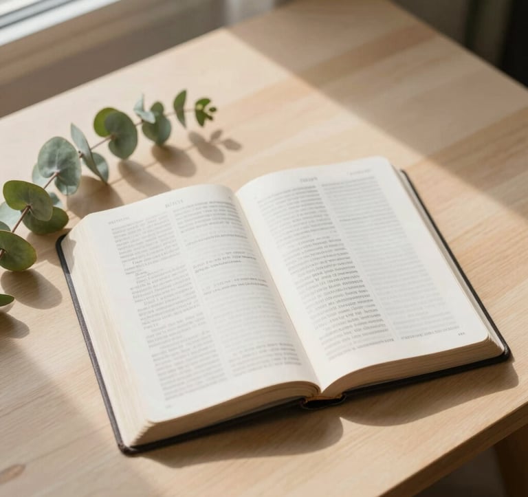 A top-down view of an open Bible resting on a clean, light-wood table next to a sprig of fresh eucalyptus. Sunlight streams in from a window, creating soft shadows. Colors include #F7FCFA and natural greens #8DAF9E. Minimalist and spiritual.