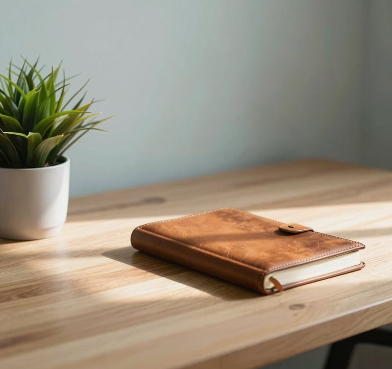 An aesthetic lifestyle image of a wooden desk with a minimalist green plant in a white pot, a leather journal, and warm sunlight glowing across the surface. Style is clean and modern, using the #F7FCFA and #8DAF9E palette.