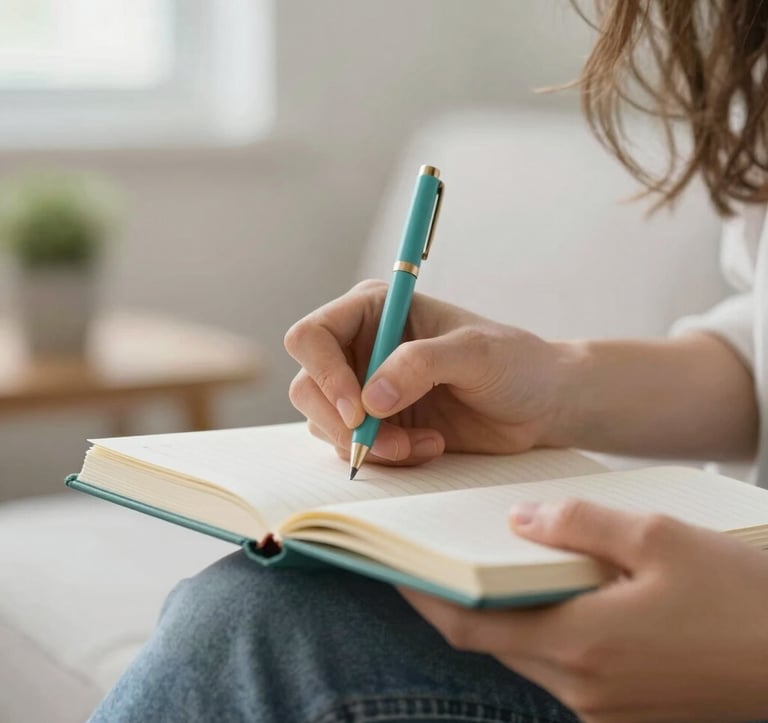 A peaceful close-up of a young adult journaling in a bright, airy room. Soft focus on the handwriting, with teal accents (#2E7D8C) in the decor. The atmosphere is calm, quiet, and hopeful.