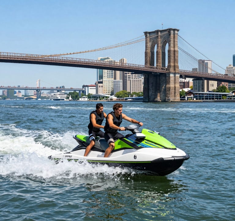 A vibrant action shot of two people on a jet ski cutting through the Azure Blue water of the East River, the Brooklyn Bridge in the background, bright sunlight, professional photography, North American / NYC setting.