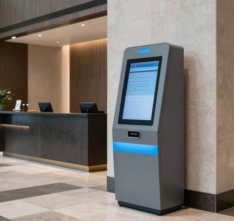 Interior photograph of a modern, upscale hotel lobby in a North American / NYC setting. A sleek, minimalist digital kiosk stands elegantly near the concierge area, featuring cloud gray and vibrant sky blue accents. The lighting is clean and professional.
