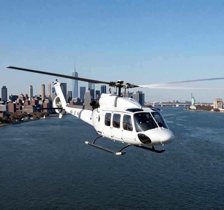 A scenic aerial view of a helicopter flying over the Hudson River with the North American / NYC skyline and Statue of Liberty in the distance. The water is a deep navy and the sky is a clear pale ice blue.