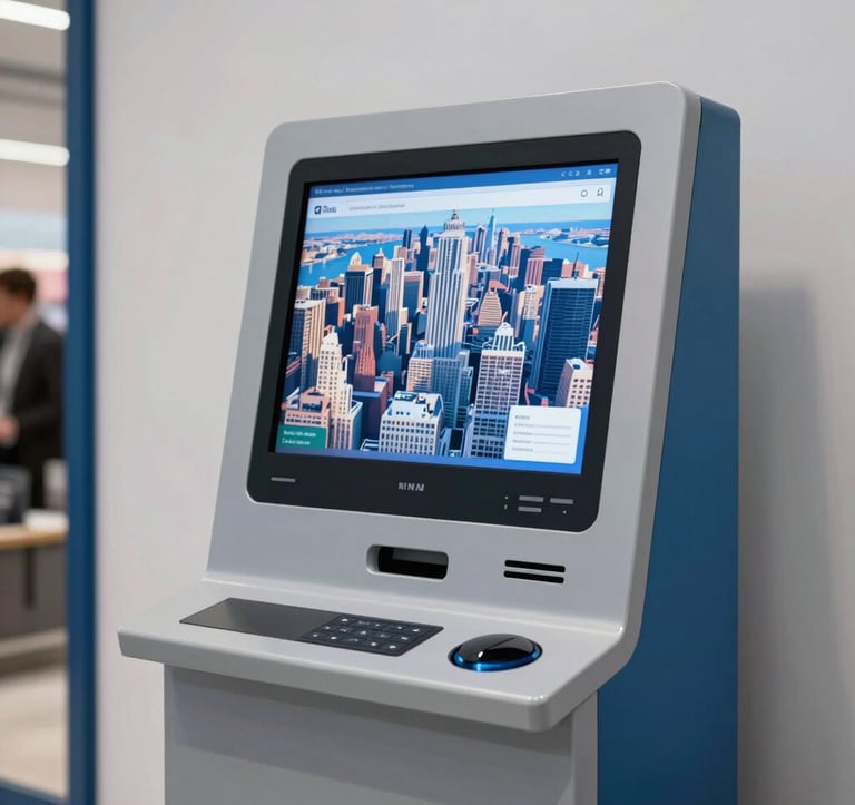 A high-resolution shot of a modern digital kiosk inside a stylish North American / NYC retail store. The kiosk screen shows a vibrant map of Manhattan. The surrounding environment is clean and professional, with a palette of ocean blue and light gray.