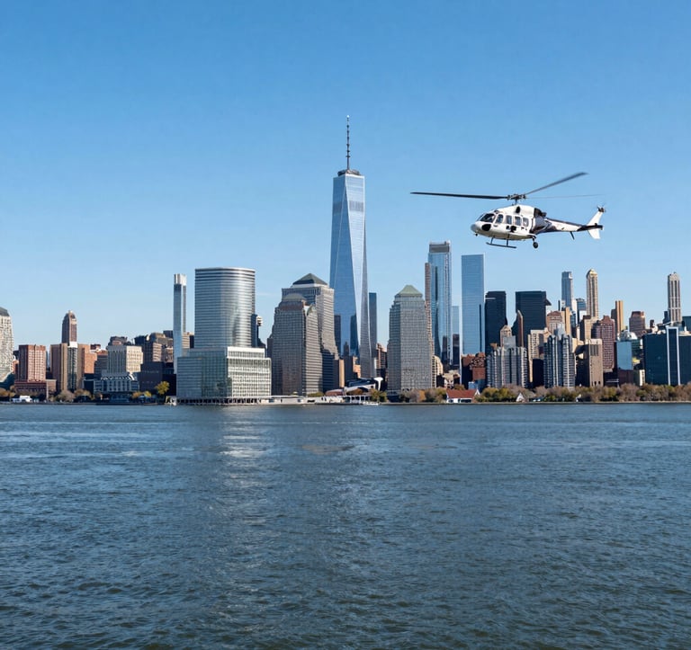 A wide-angle landscape shot of a helicopter flying over the Hudson River with the lower Manhattan skyline and the Freedom Tower in the background. A clear, sunny day in a North American / NYC environment with vibrant sky blue water.