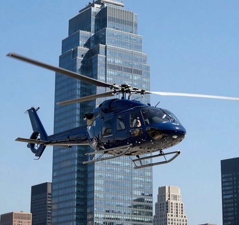 A professional sharp-focus photo of a tourist helicopter hovering near the glass peaks of a Manhattan skyscraper, bright midday sun, deep Navy Blue and Sky Blue tones, North American / NYC urban aviation scene.