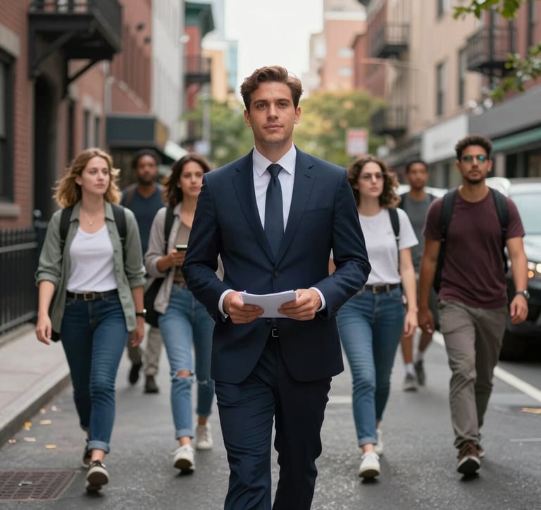 A professional tour guide in smart attire leading a diverse group of explorers through a historic North American / NYC neighborhood street, soft afternoon lighting, high-end travel photography style.