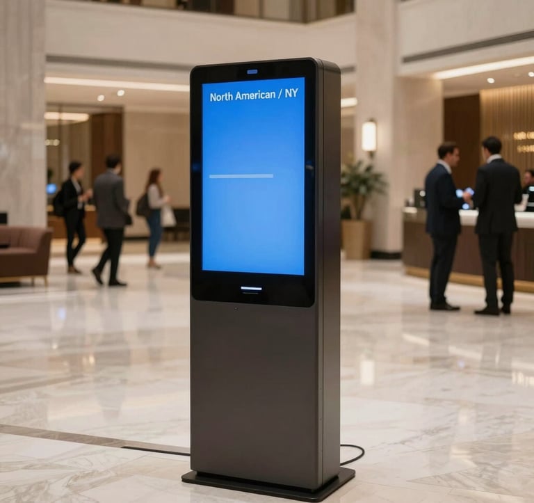 A sleek digital kiosk with a glowing Azure Blue screen standing in a modern, luxury hotel lobby, professional travelers in the background, clean Pale Mist interior, North American / NYC hospitality environment.
