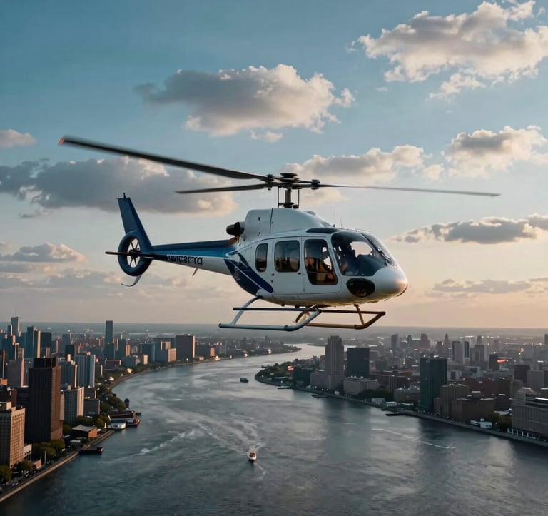 A breathtaking high-angle photography shot of an NYC helicopter tour flying over the Hudson River at sunset. The sky is a beautiful blend of cerulean blue and soft cloud gray, capturing the essence of an premium city experience.