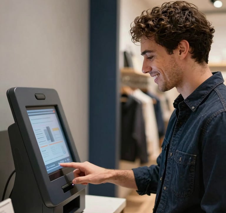 A close-up shot of a North American / NYC traveler smiling while interacting with a digital kiosk inside a stylish boutique shop. The atmosphere is warm and welcoming, with soft cloud gray and deep navy tones in the environment.