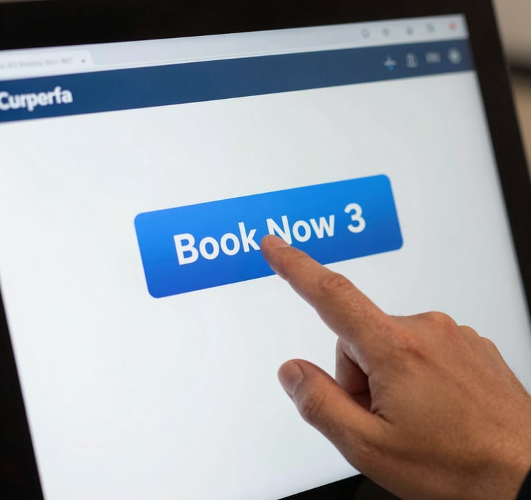 A close-up of a hand of a North American / NYC professional tapping a 'Book Now' button on a bright, high-resolution kiosk screen. The interface is clean and modern, featuring deep navy and cerulean blue branding.