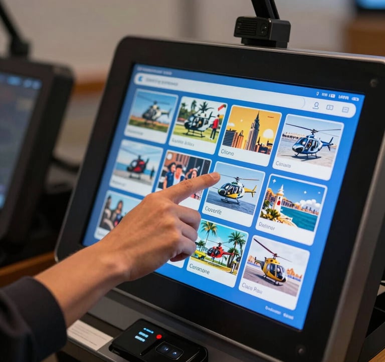 Close-up of a person in a North American / NYC setting using a digital touchscreen kiosk. The person is selecting a helicopter tour from a grid of colorful activity options. The lighting is sharp and professional, highlighting the azure blue interface.