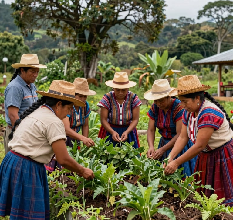 A group of community members in Ecuadorian attire gathered in a lush outdoor setting, collaborating on a sustainable farming project with forest green and tan accents.