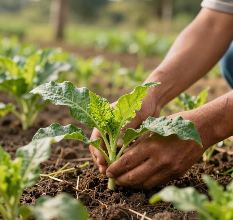 Close-up of healthy, vibrant organic crops being tended by hands in a South American family farm setting. Warm morning light, natural textures of soil and leaves, forest green and tan tones.