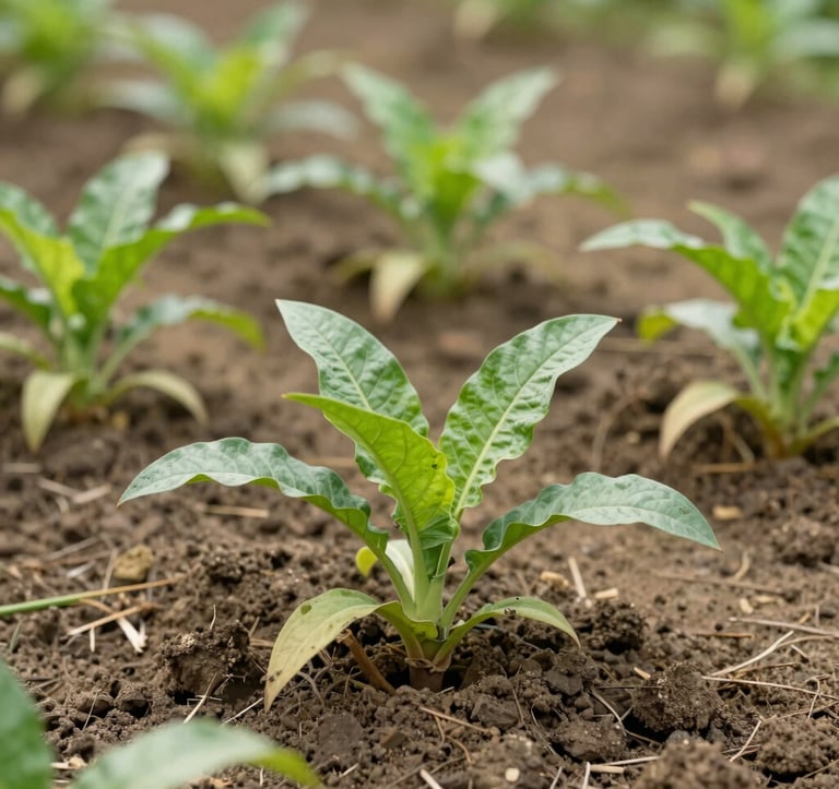 Close-up of healthy green crops growing in rich dark soil on a family farm in the Ecuadorian Amazon, bright natural lighting, soft green and tan earthy tones.
