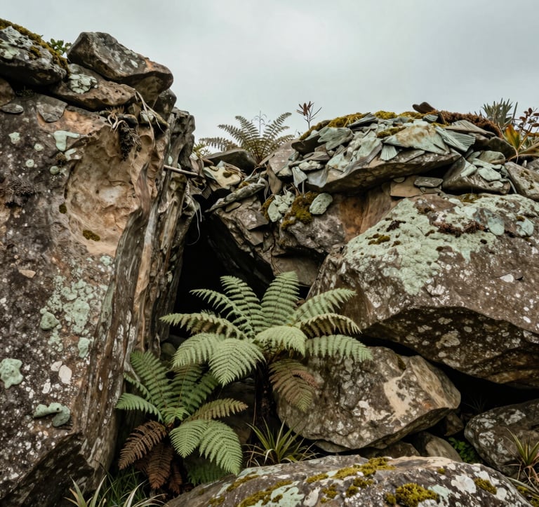 Wide-angle photography of the rugged Amazonian terrain near the Cueva de los Tayos in Ecuador. Dense moss-covered rocks and ancient ferns are visible under an overcast sky. The atmosphere is serene and natural, with earthy tan and light sage green tones.