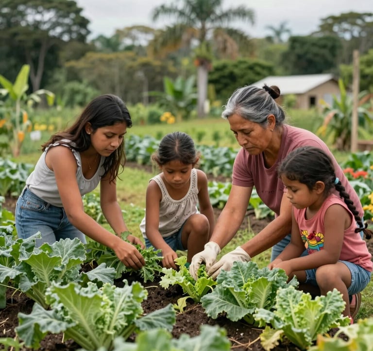 A South American family working together on an organic vegetable garden in a tropical setting, soft natural lighting, reflecting community and sustainability.