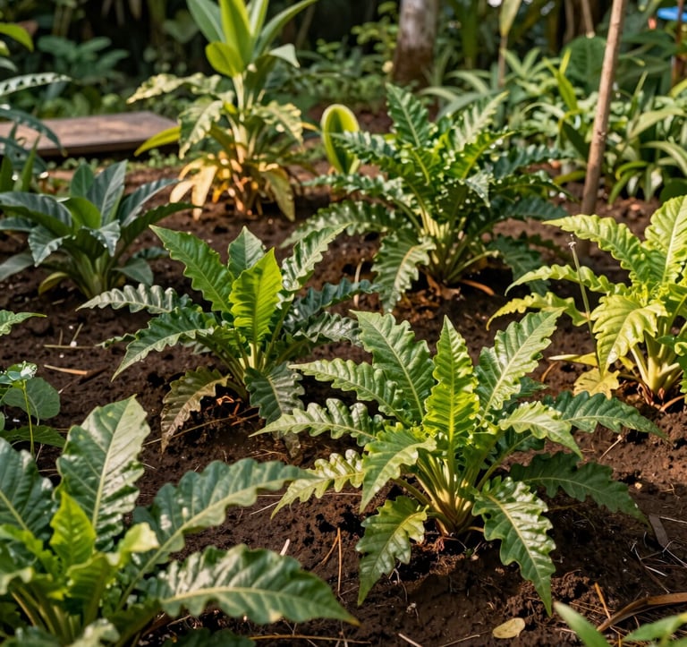 Photography of a flourishing South American vegetable garden in the Amazon basin. A variety of tropical green plants grow from rich soil, illuminated by warm sunlight. The composition is clean and organic, reflecting the sustainability of the region.