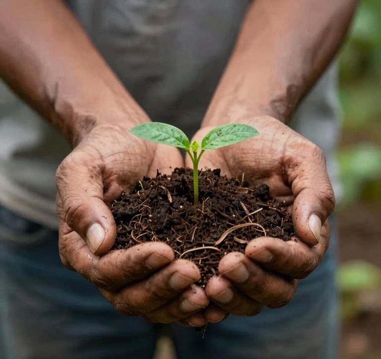 A South American farmer's hands gently holding a handful of dark, rich organic soil with a small green sprout emerging, symbolizing hope and growth in the Ecuadorian Amazon.